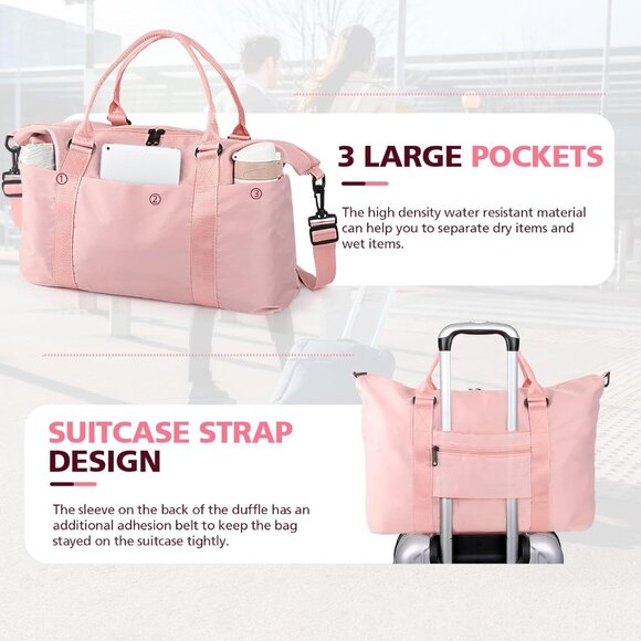 Women Men Pink Waterproof Carry On Tote Travel Duffle Bag with Trolley Sleeve - Picture 4 of 7